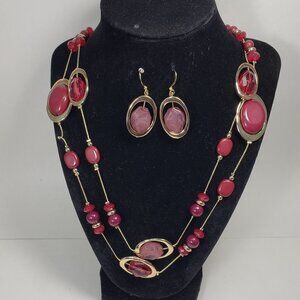 Women's Layered Gold tone Hoops Colorful Beads Necklace with Matching Earrings